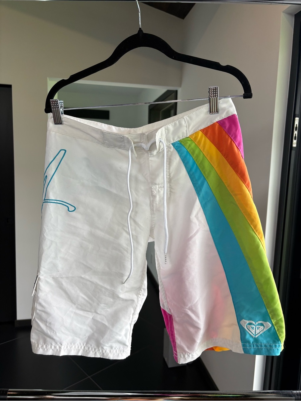 Y2K Roxy White Boardshorts with Rainbow Panel